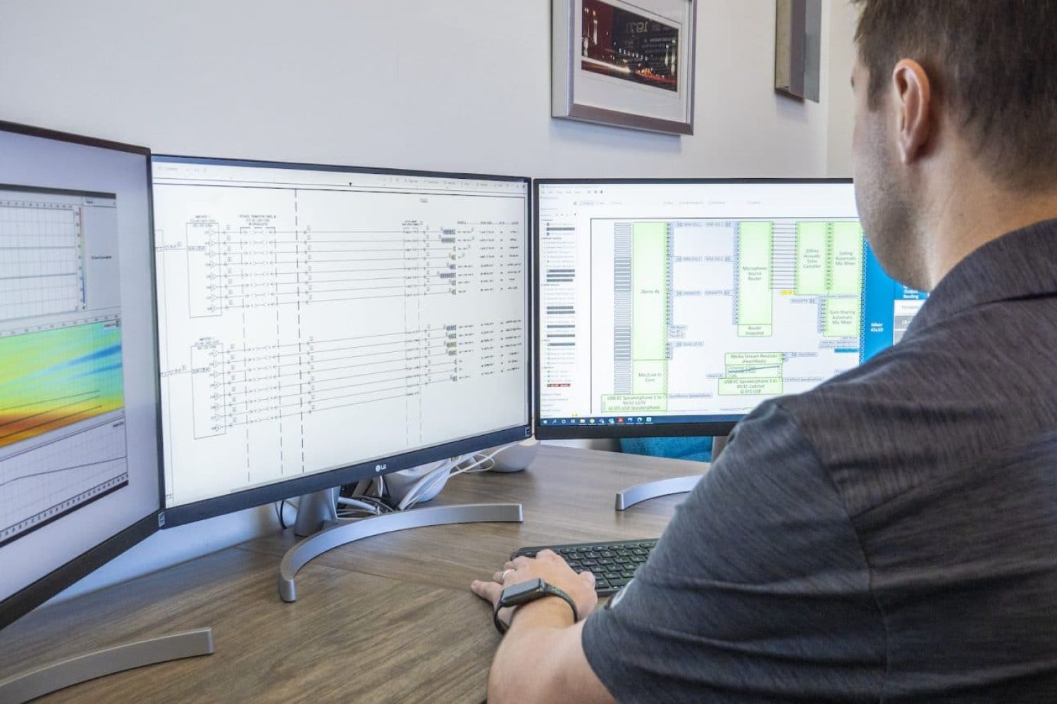 Man working on a multi-monitor AV system with technical schematics